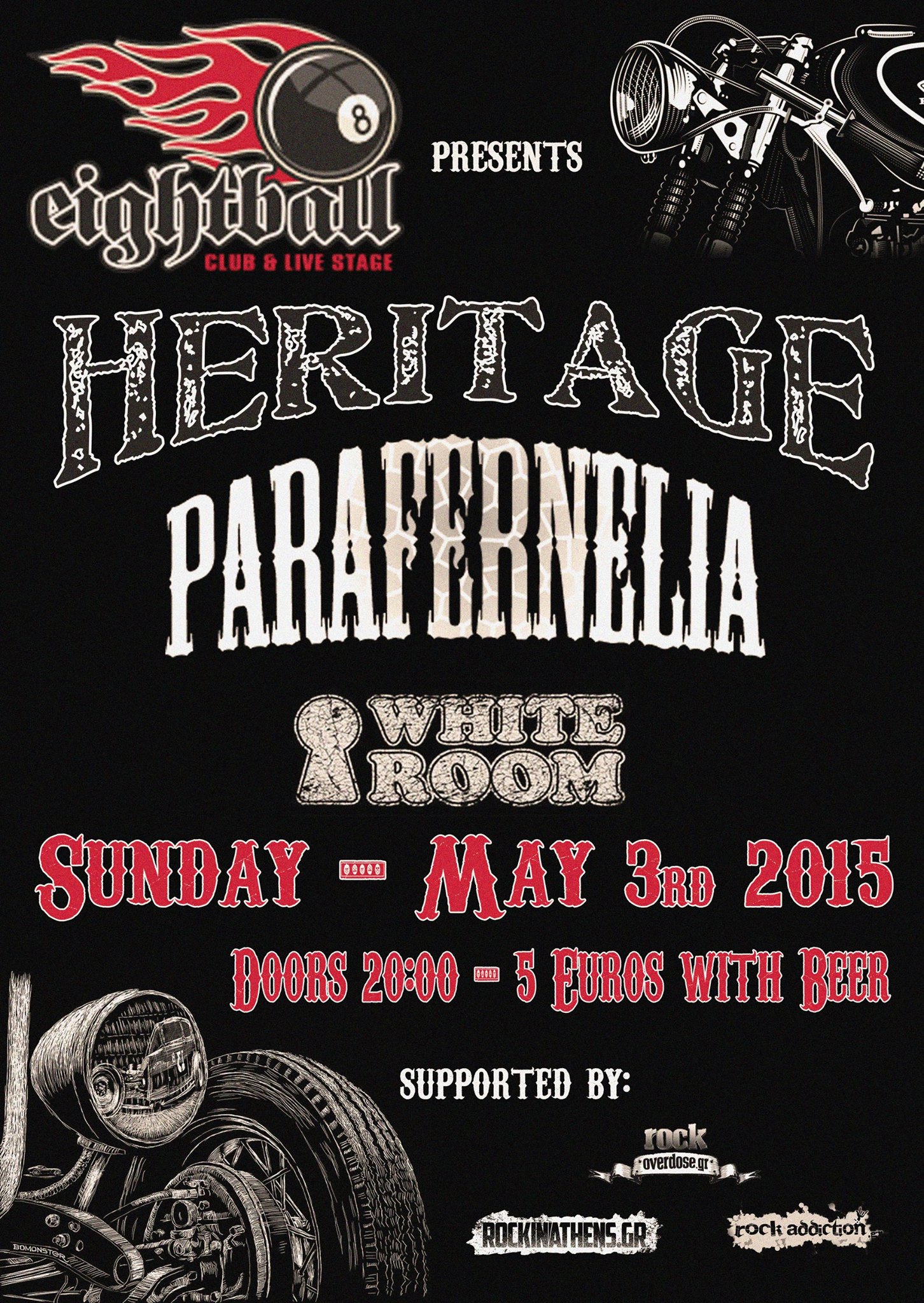 LIVE: 3/5/2015 – HERITAGE, PARAFERNELIA, WHITE ROOM @ Eightball Live Stage, Thessaloniki, Greece